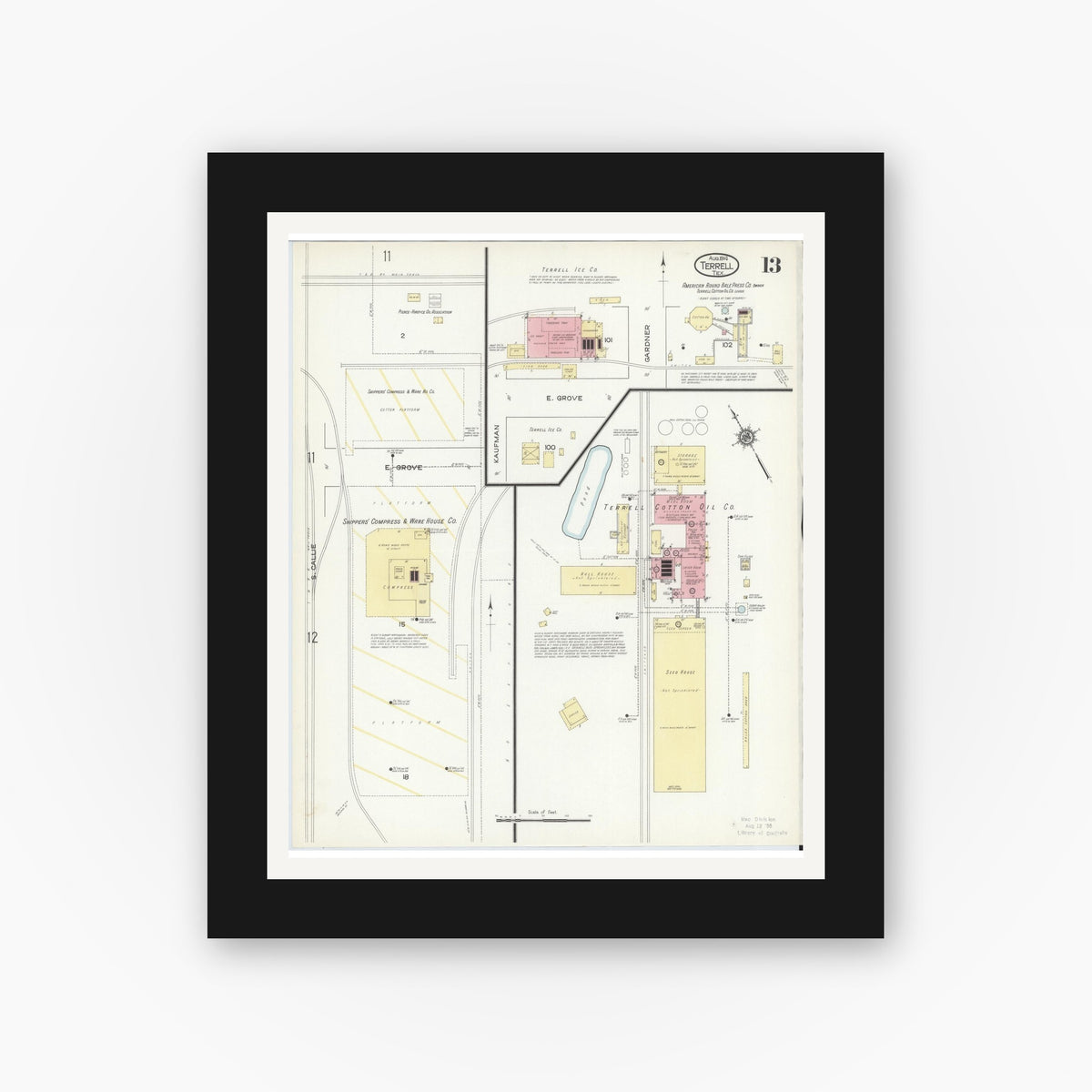 Old map wall art mockup — black gallery frame with white mat — Sanborn Fire Insurance Map from Terrell, Kaufman County, Texas (1914), Sheet #0013