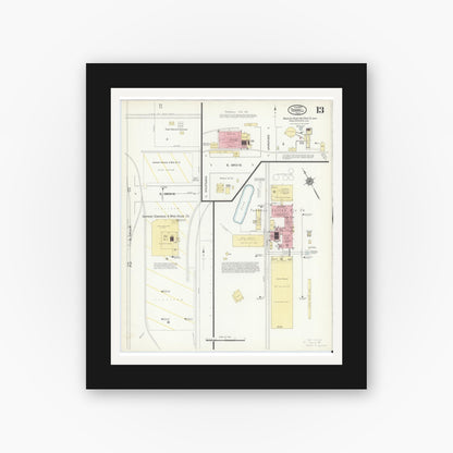 Old map wall art mockup — black gallery frame with white mat — Sanborn Fire Insurance Map from Terrell, Kaufman County, Texas (1914), Sheet #0013