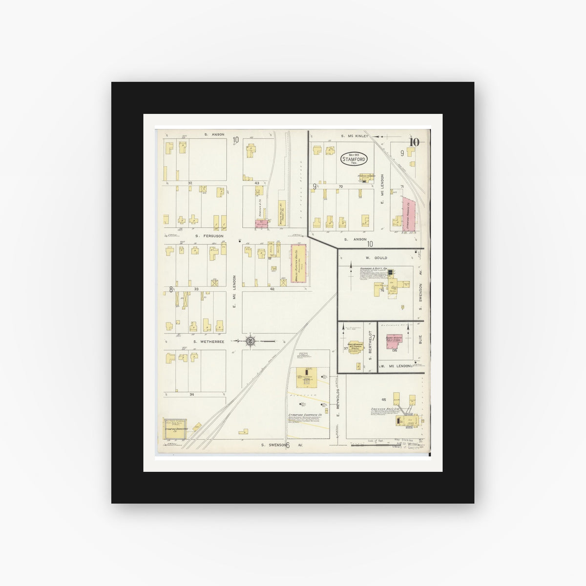 Old map wall art mockup — black gallery frame with white mat — Sanborn Fire Insurance Map from Stamford, Jones County, Texas (1913), Sheet #0010