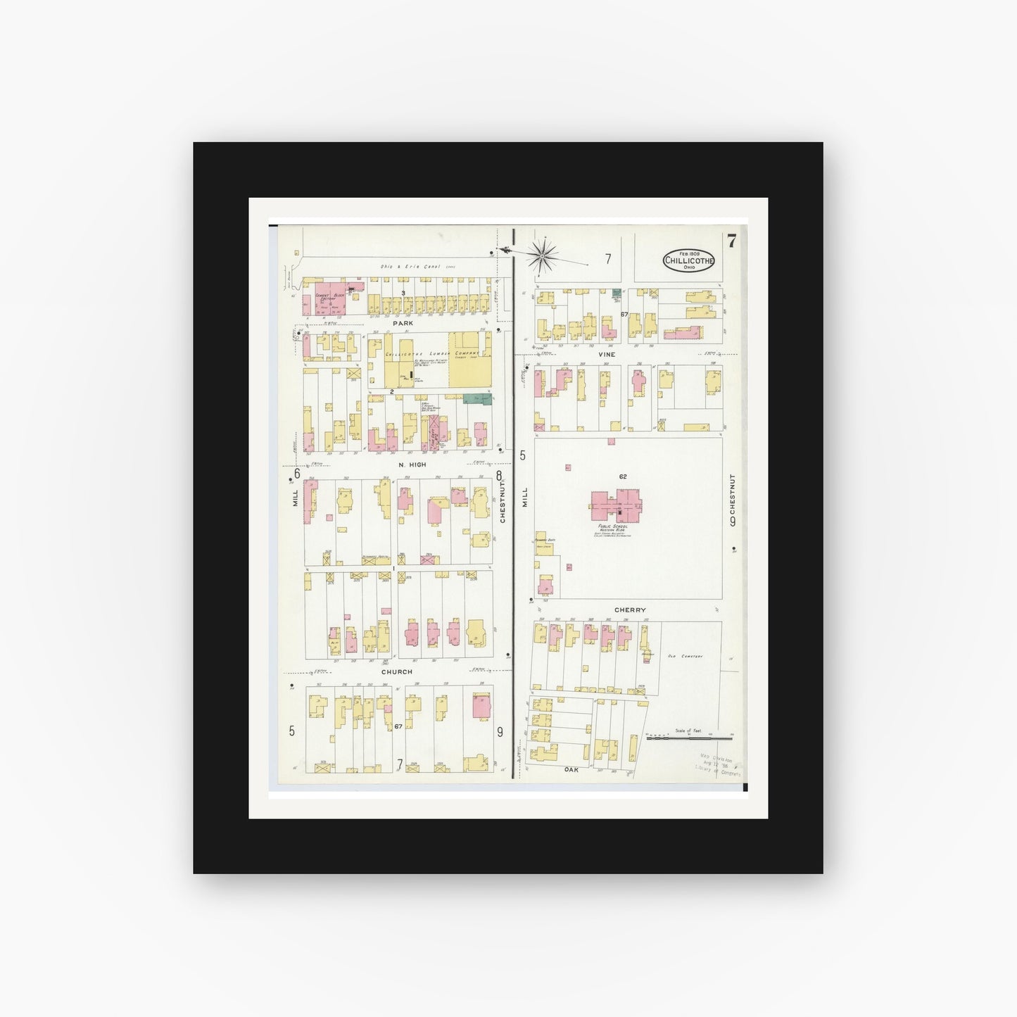 Old map wall art mockup — black gallery frame with white mat — Sanborn Fire Insurance Map from Chillicothe, Ross County, Ohio (1909), Sheet #0007