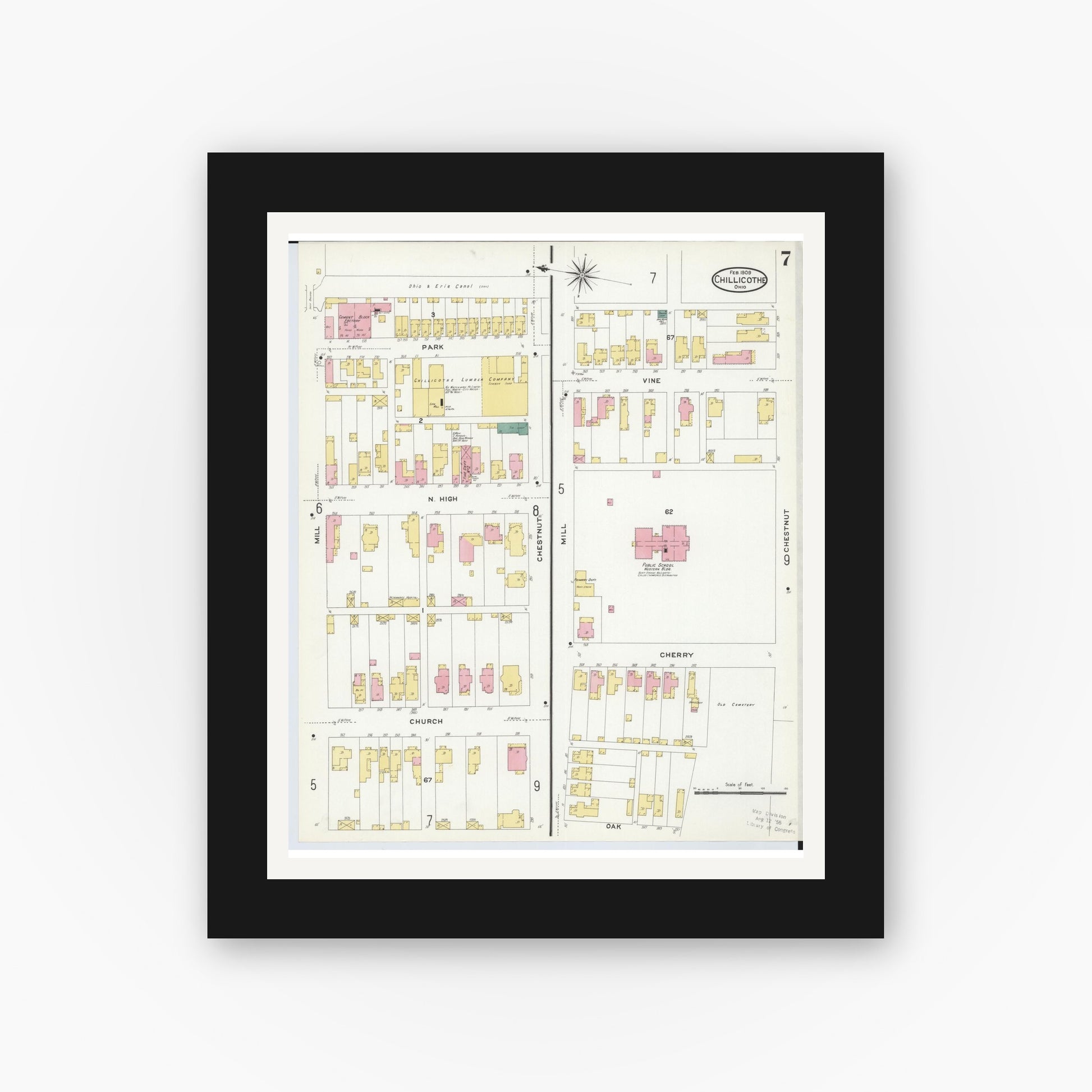 Old map wall art mockup — black gallery frame with white mat — Sanborn Fire Insurance Map from Chillicothe, Ross County, Ohio (1909), Sheet #0007
