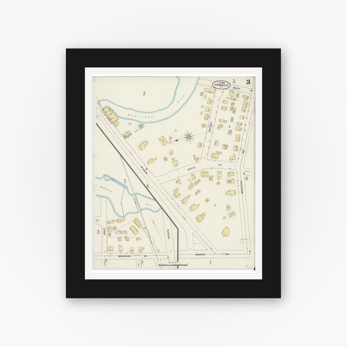 Old map wall art mockup — black gallery frame with white mat — Sanborn Fire Insurance Map from Granville, Washington County, New York (1898), Sheet #0003