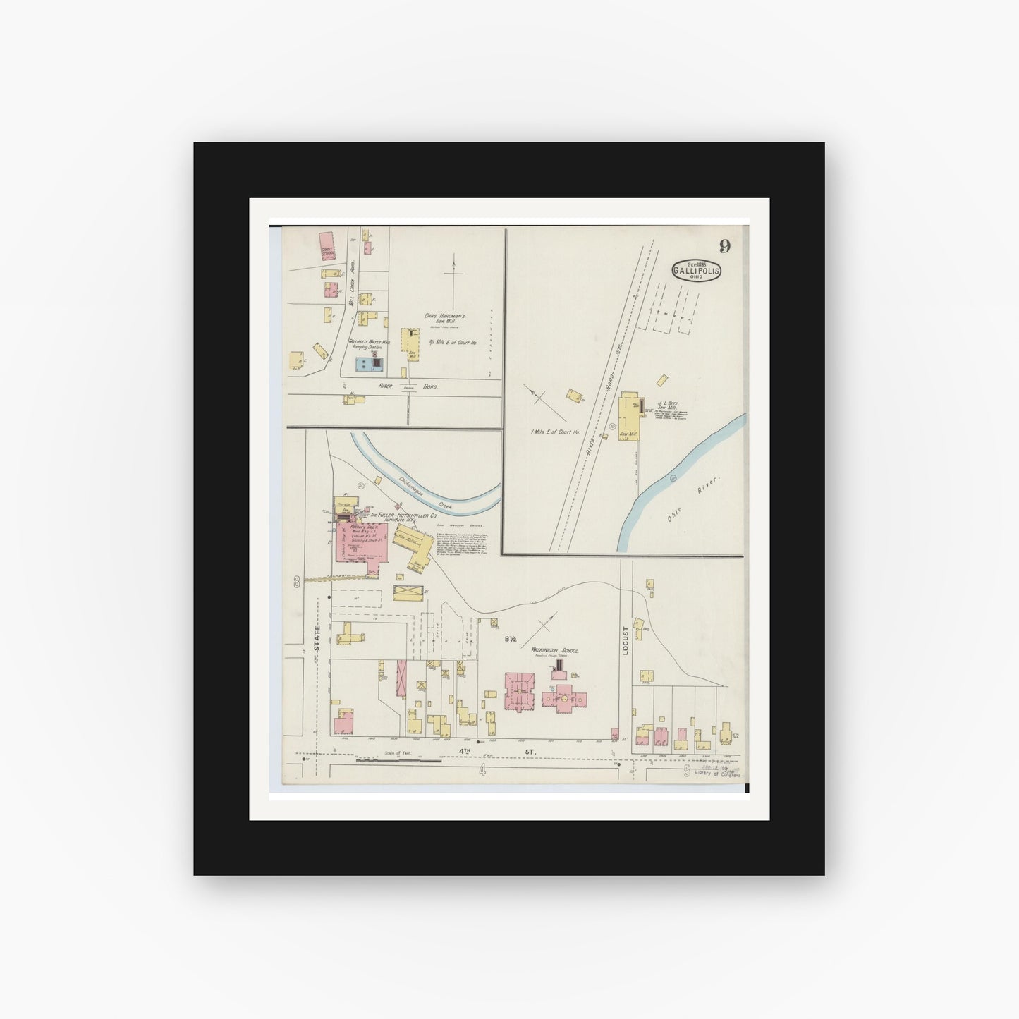 Old map wall art mockup — black gallery frame with white mat — Sanborn Fire Insurance Map from Gallipolis, Gallia County, Ohio (1895), Sheet #0009
