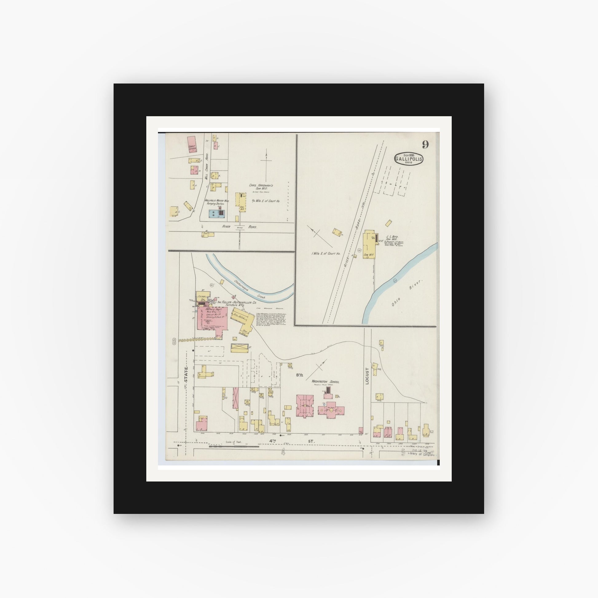 Old map wall art mockup — black gallery frame with white mat — Sanborn Fire Insurance Map from Gallipolis, Gallia County, Ohio (1895), Sheet #0009