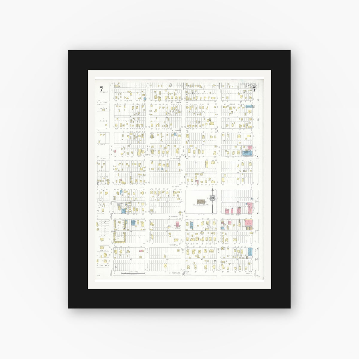 Old map wall art mockup — black gallery frame with white mat — Sanborn Fire Insurance Map from Raymondville, Willacy County, Texas (1948), Sheet #0007