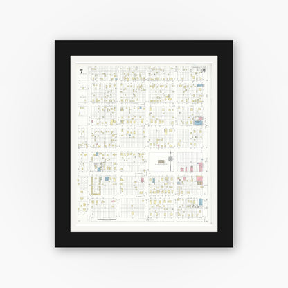 Old map wall art mockup — black gallery frame with white mat — Sanborn Fire Insurance Map from Raymondville, Willacy County, Texas (1948), Sheet #0007