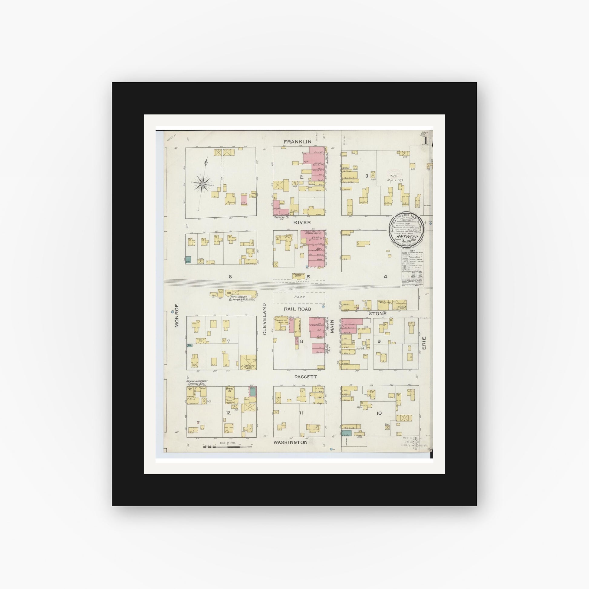 Old map wall art mockup — black gallery frame with white mat — Sanborn Fire Insurance Map from Antwerp, Paulding County, Ohio (1893), Sheet #0001
