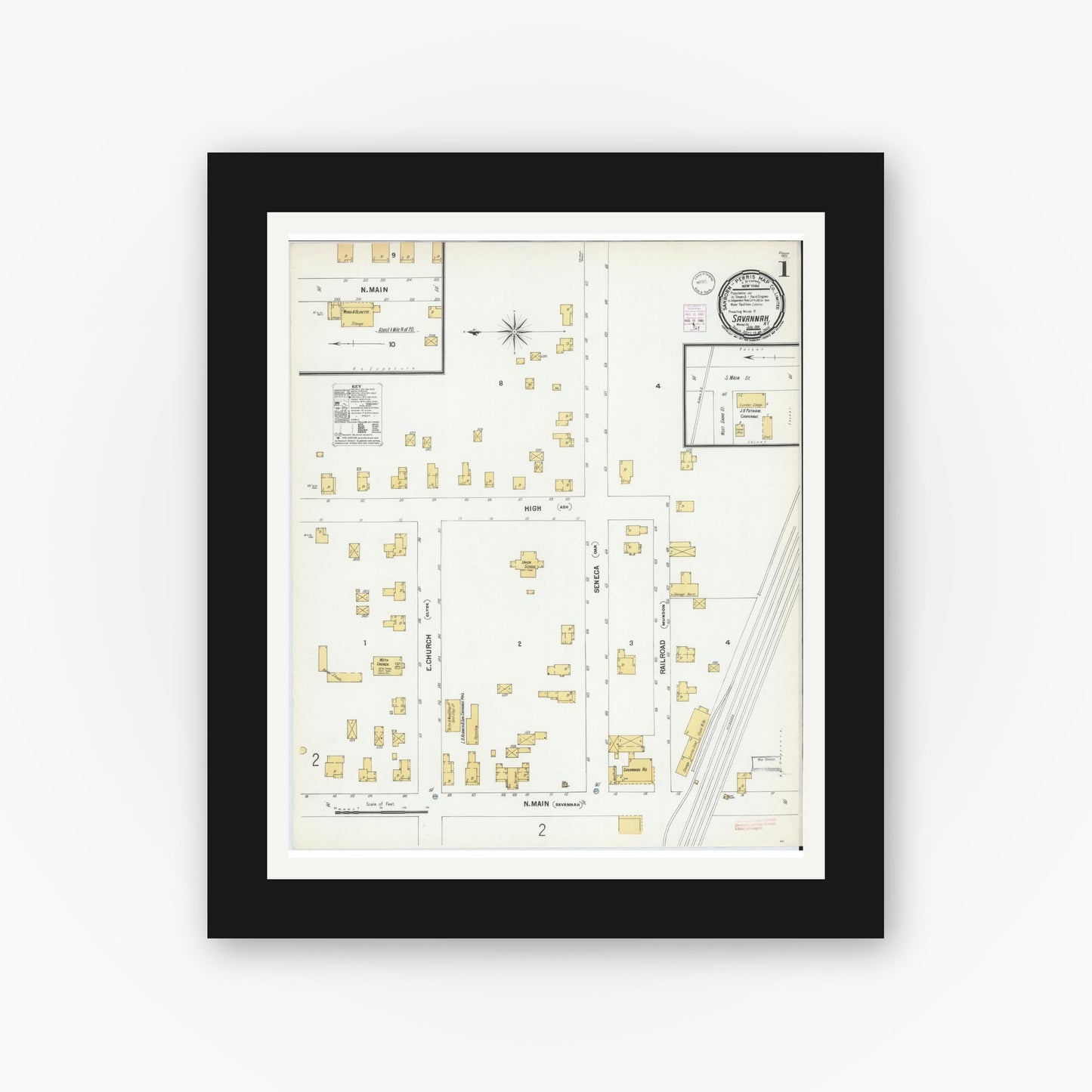 Old map wall art mockup — black gallery frame with white mat — Sanborn Fire Insurance Map from Savannah, Wayne County, New York (1901) - Complete Map Set