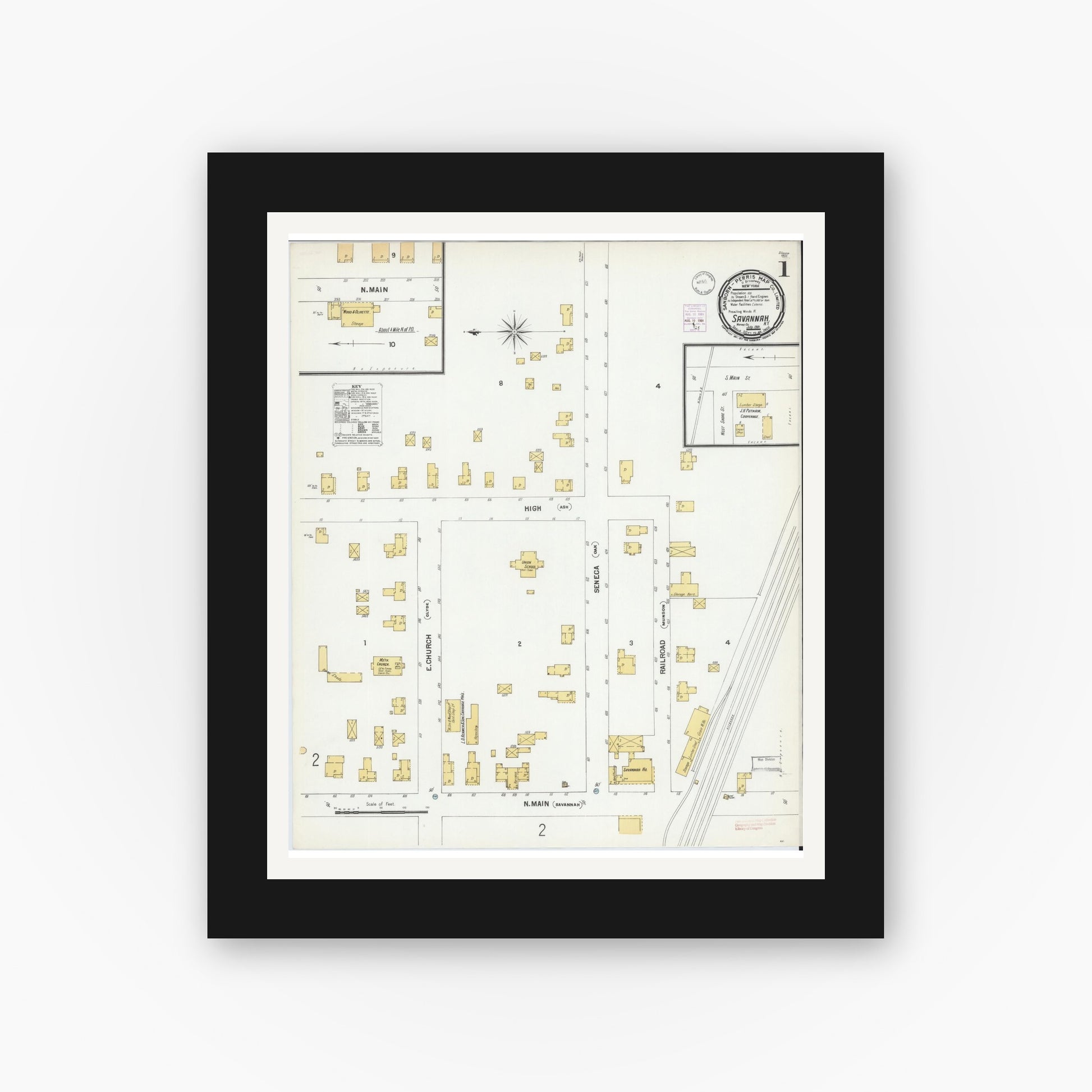 Old map wall art mockup — black gallery frame with white mat — Sanborn Fire Insurance Map from Savannah, Wayne County, New York (1901) - Complete Map Set