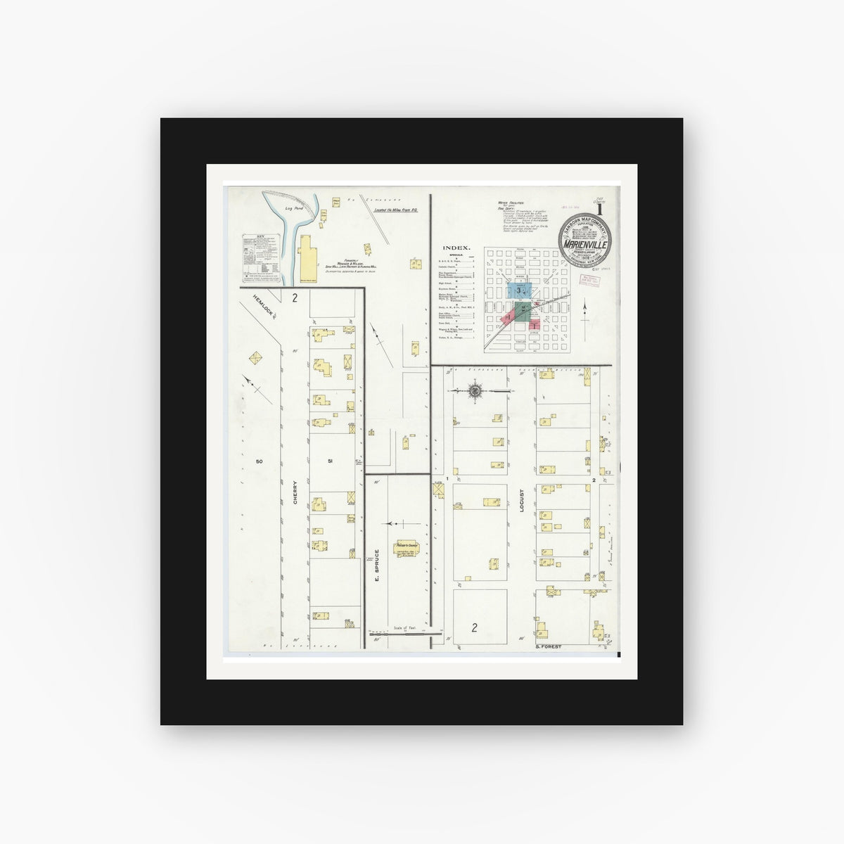 Old map wall art mockup — black gallery frame with white mat — Sanborn Fire Insurance Map from Marienville, Forest County, Pennsylvania (1909) - Complete Map Set
