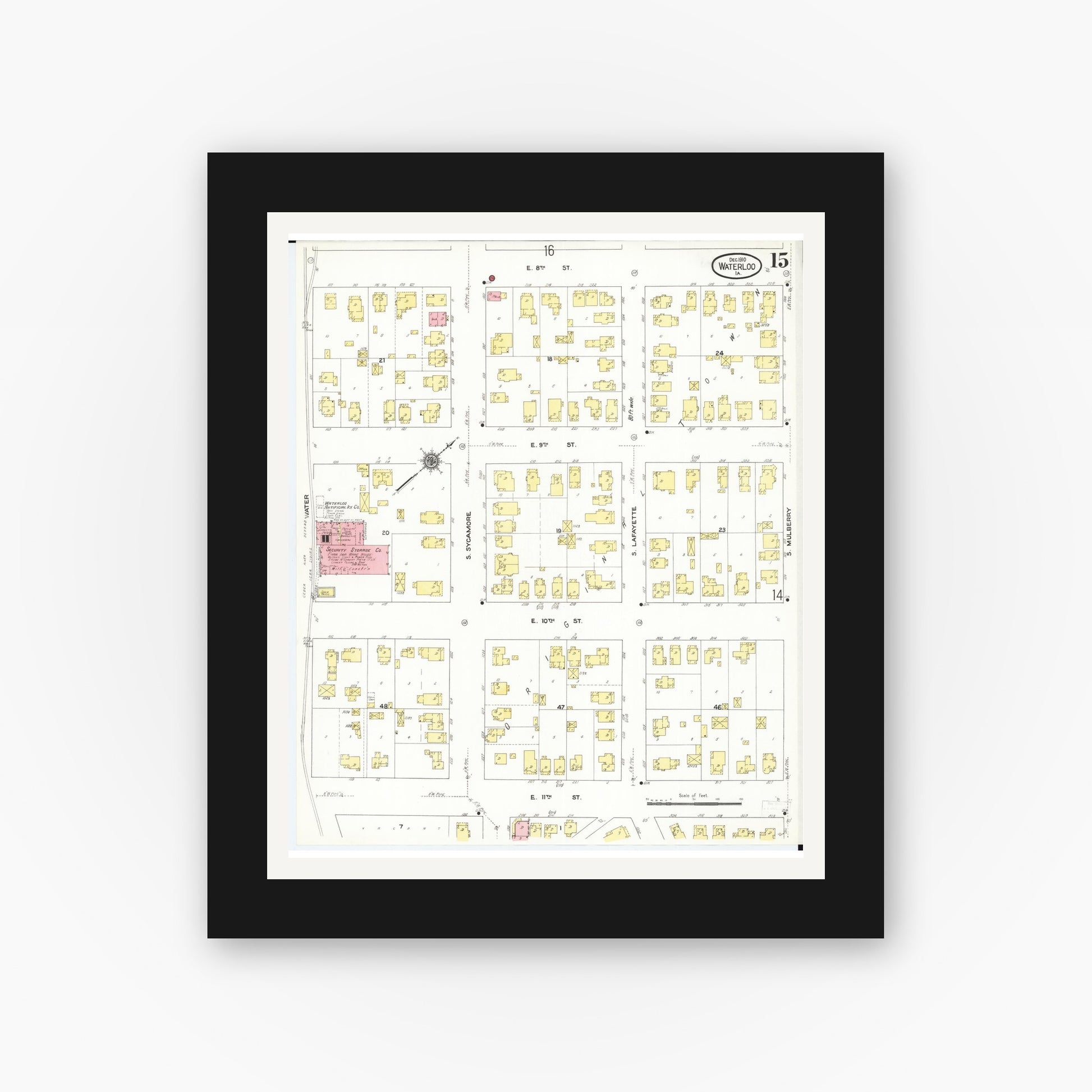 Old map wall art mockup — black gallery frame with white mat — Sanborn Fire Insurance Map from Waterloo, Black Hawk County, Iowa (1910), Sheet #0015