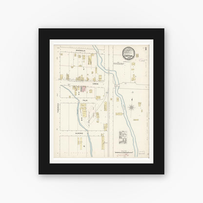 Old map wall art mockup — black gallery frame with white mat — Sanborn Fire Insurance Map from Compton, Los Angeles County, California (1888), Sheet #0001