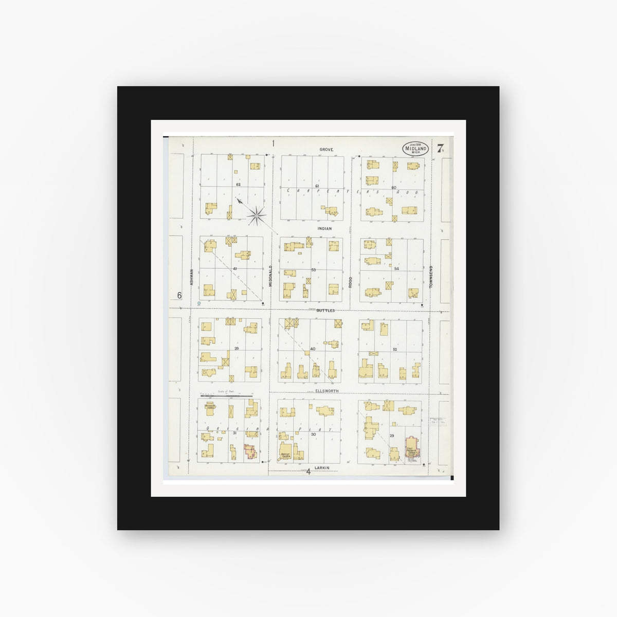 Old map wall art mockup — black gallery frame with white mat — Sanborn Fire Insurance Map from Midland, Midland County, Michigan (1899), Sheet #0007