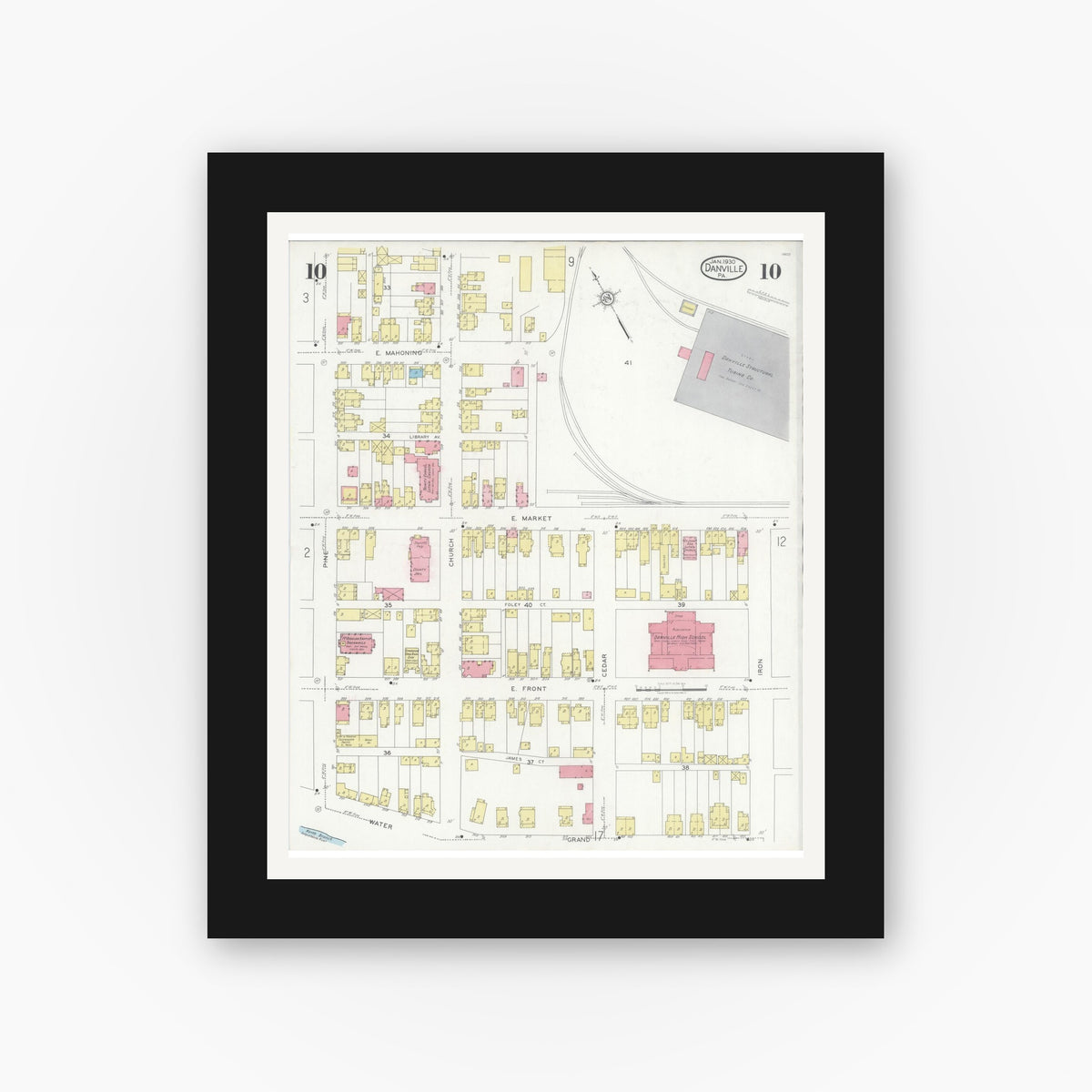 Old map wall art mockup — black gallery frame with white mat — Sanborn Fire Insurance Map from Danville, Montour County, Pennsylvania (1930), Sheet #0010