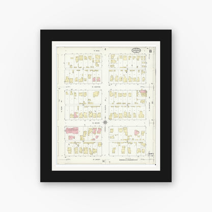 Old map wall art mockup — black gallery frame with white mat — Sanborn Fire Insurance Map from Denison, Grayson County, Texas (1914), Sheet #0008