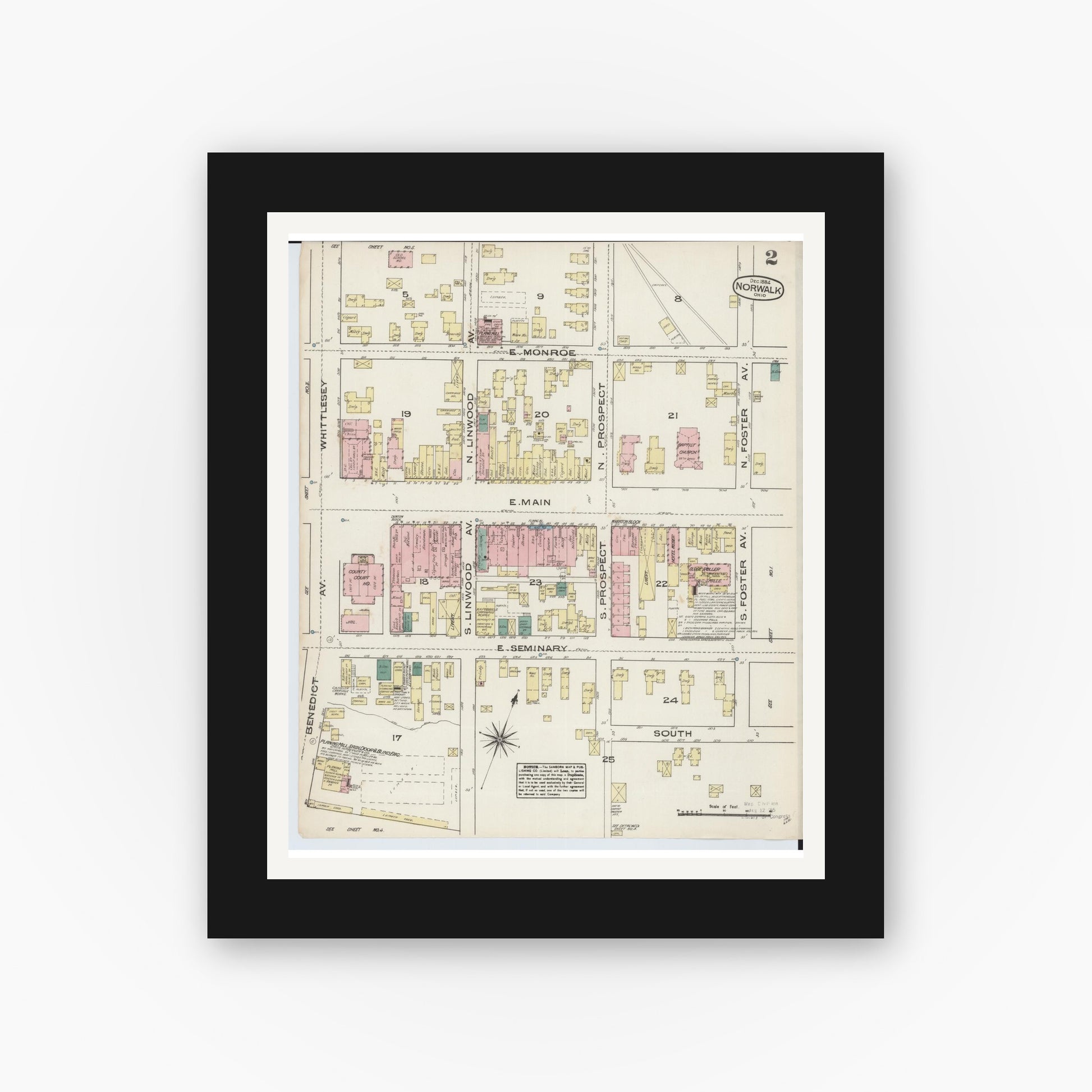 Old map wall art mockup — black gallery frame with white mat — Sanborn Fire Insurance Map from Norwalk, Huron County, Ohio (1884), Sheet #0002