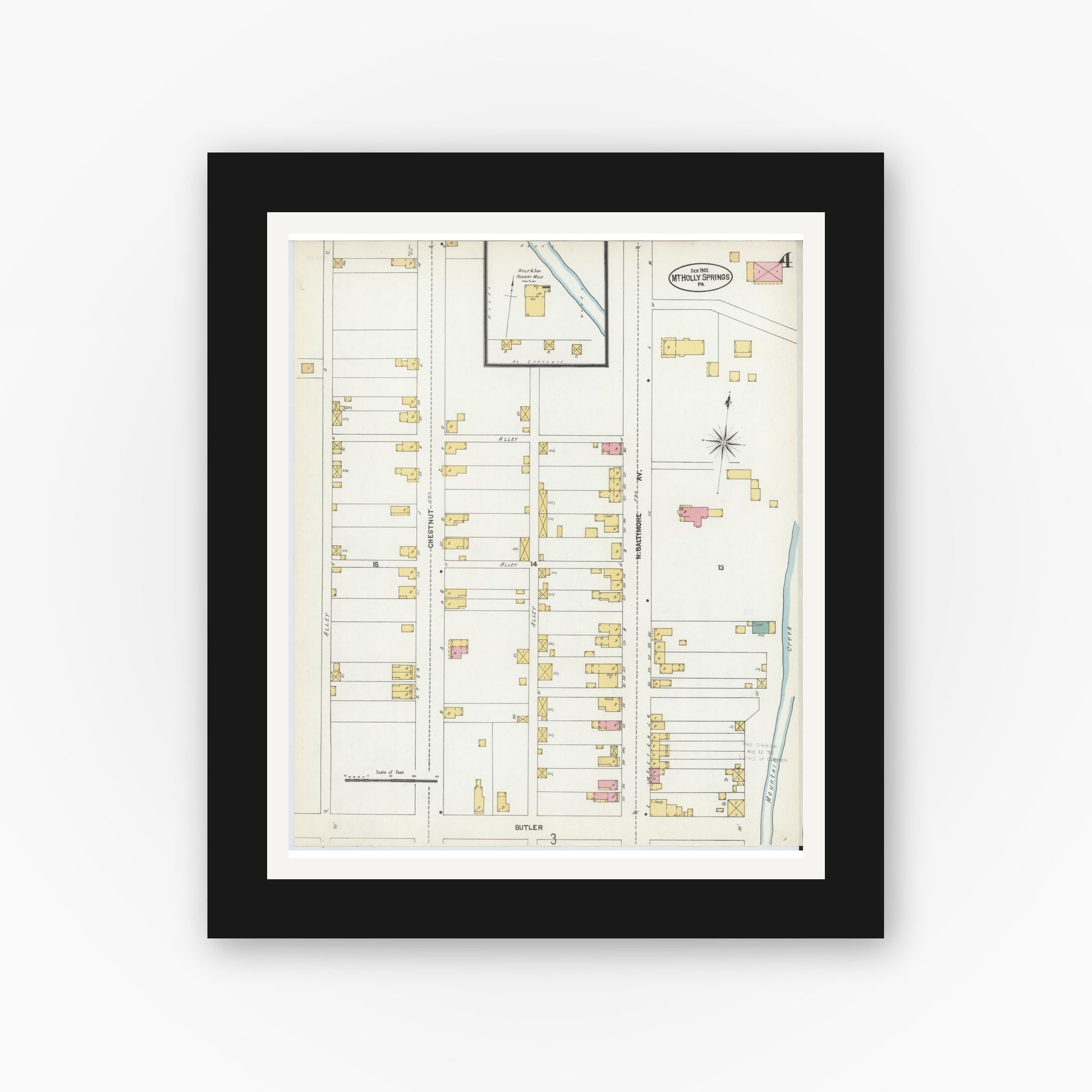 Old map wall art mockup — black gallery frame with white mat — Sanborn Fire Insurance Map from Mount Holly Springs, Cumberland County, Pennsylvania (1902), Sheet #0004
