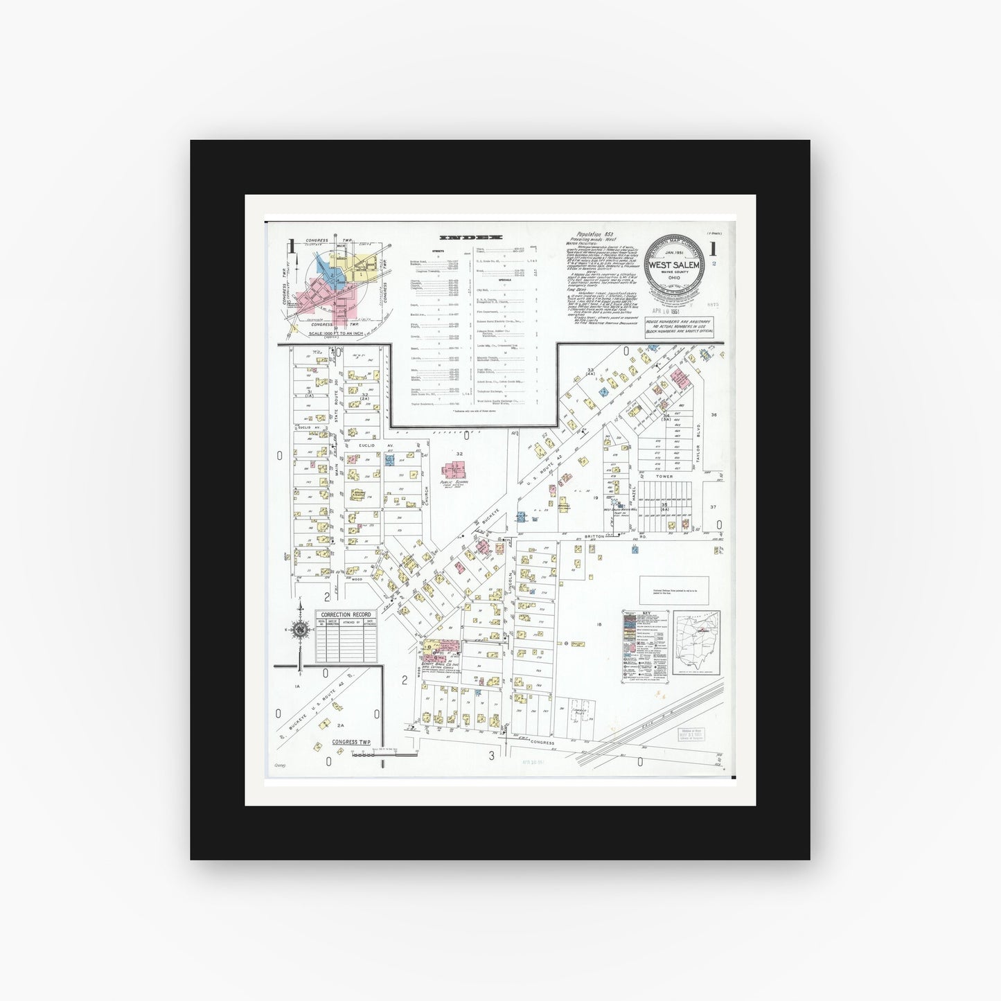 Old map wall art mockup — black gallery frame with white mat — Sanborn Fire Insurance Map from West Salem, Wayne County, Ohio (1951), Sheet #0001