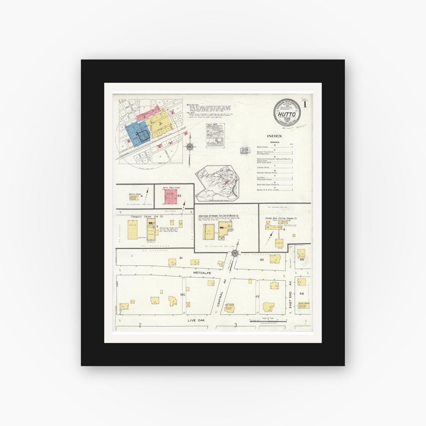Old map wall art mockup — black gallery frame with white mat — Sanborn Fire Insurance Map from Hutto, Williamson County, Texas (1921), Sheet #0001