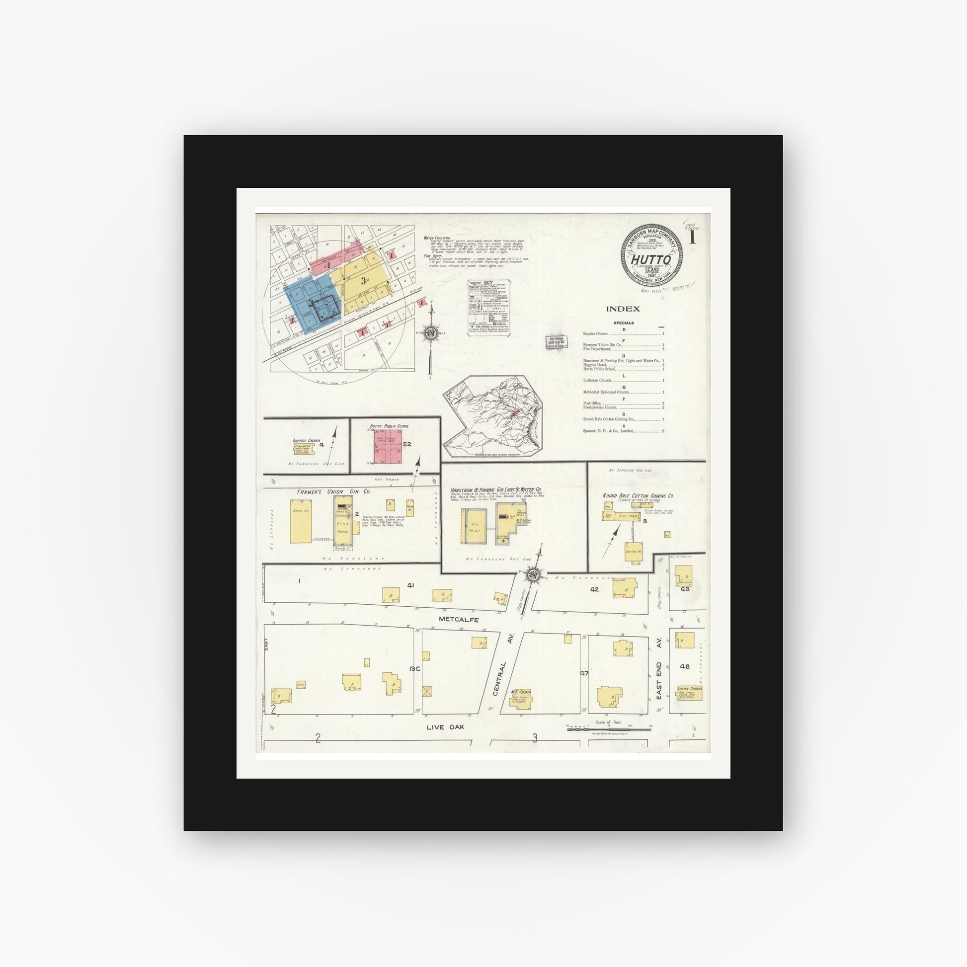 Old map wall art mockup — black gallery frame with white mat — Sanborn Fire Insurance Map from Hutto, Williamson County, Texas (1921), Sheet #0001