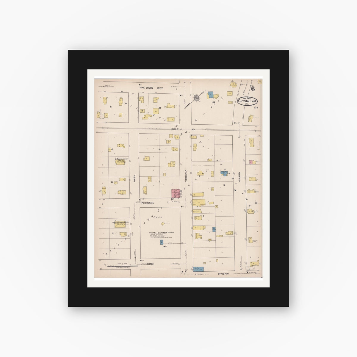 Old map wall art mockup — black gallery frame with white mat — Sanborn Fire Insurance Map from Crystal Lake, McHenry County, Illinois (1921), Sheet #0006