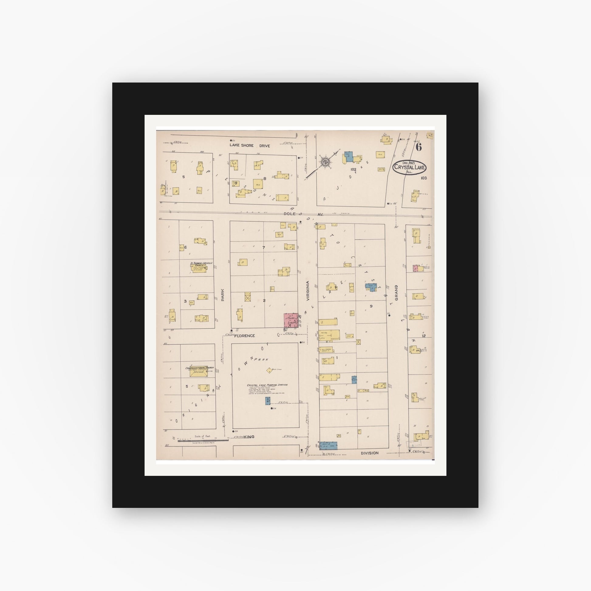 Old map wall art mockup — black gallery frame with white mat — Sanborn Fire Insurance Map from Crystal Lake, McHenry County, Illinois (1921), Sheet #0006