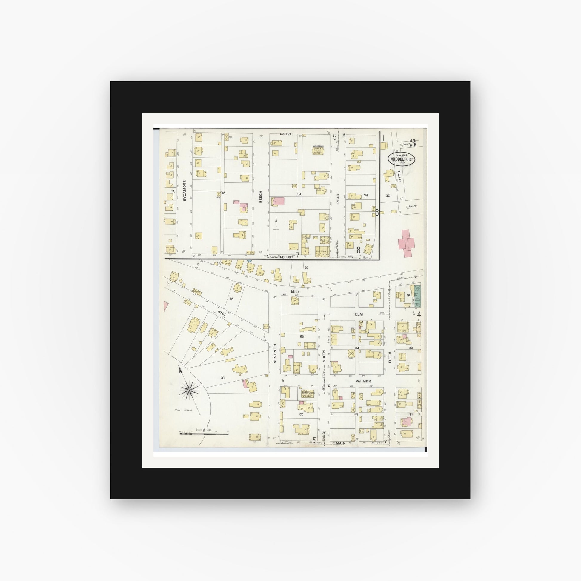 Old map wall art mockup — black gallery frame with white mat — Sanborn Fire Insurance Map from Middleport, Meigs County, Ohio (1908), Sheet #0003