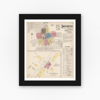 Old map wall art mockup — black gallery frame with white mat — Sanborn Fire Insurance Map from Sweetwater, Nolan County, Texas (1922) - Complete Map Set