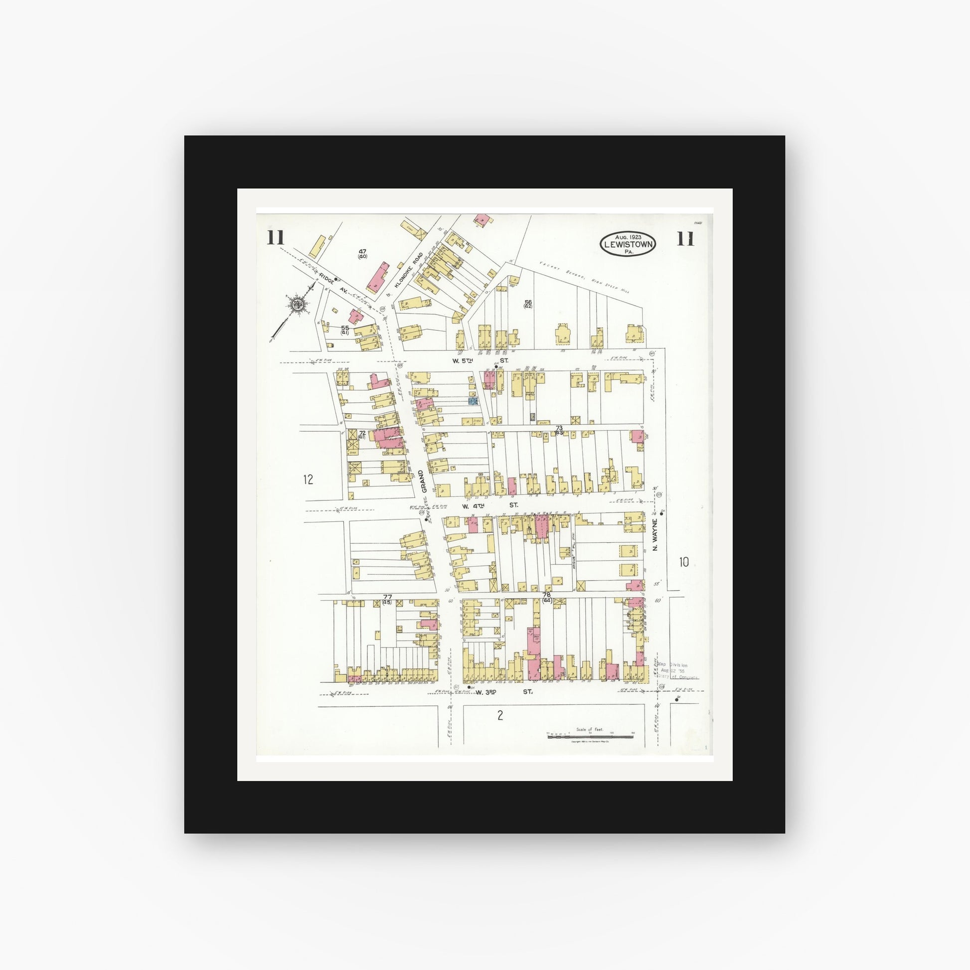 Old map wall art mockup — black gallery frame with white mat — Sanborn Fire Insurance Map from Lewistown, Mifflin County, Pennsylvania (1923), Sheet #0011