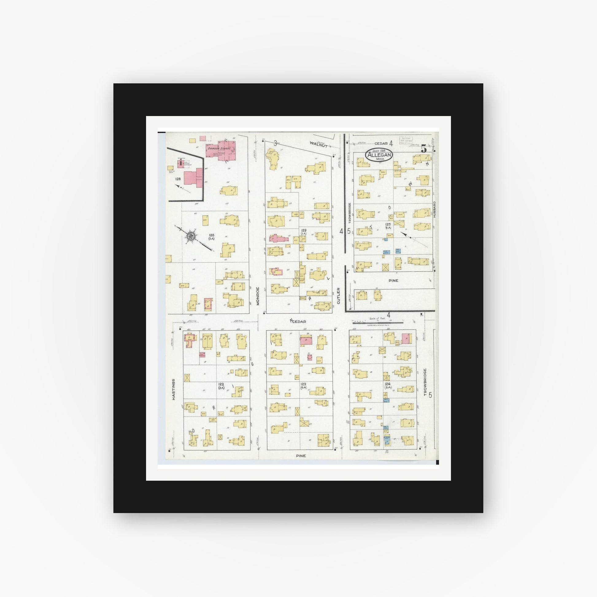 Old map wall art mockup — black gallery frame with white mat — Sanborn Fire Insurance Map from Allegan, Allegan County, Michigan (1918), Sheet #0005