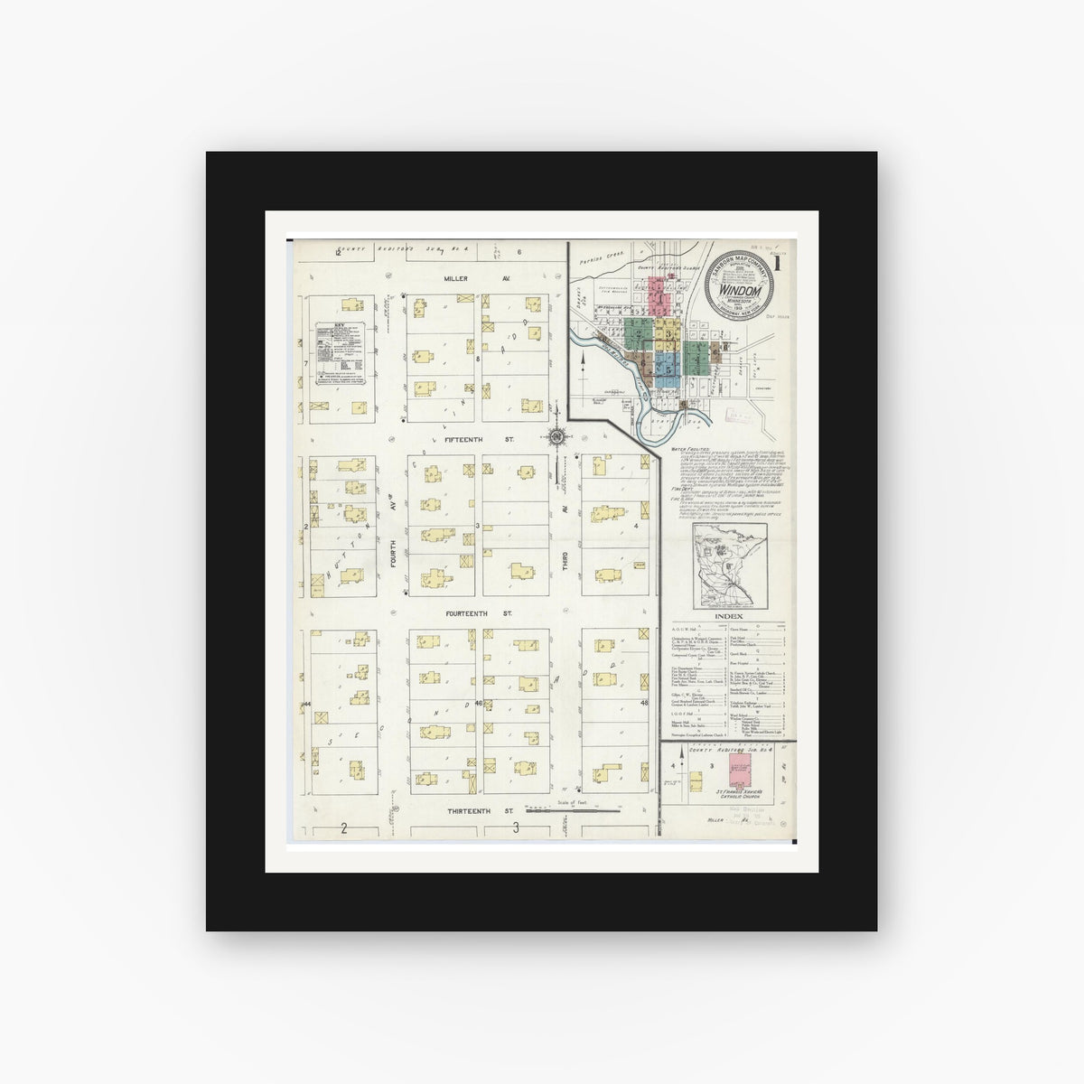Old map wall art mockup — black gallery frame with white mat — Sanborn Fire Insurance Map from Windom, Cottonwood County, Minnesota (1913), Sheet #0001