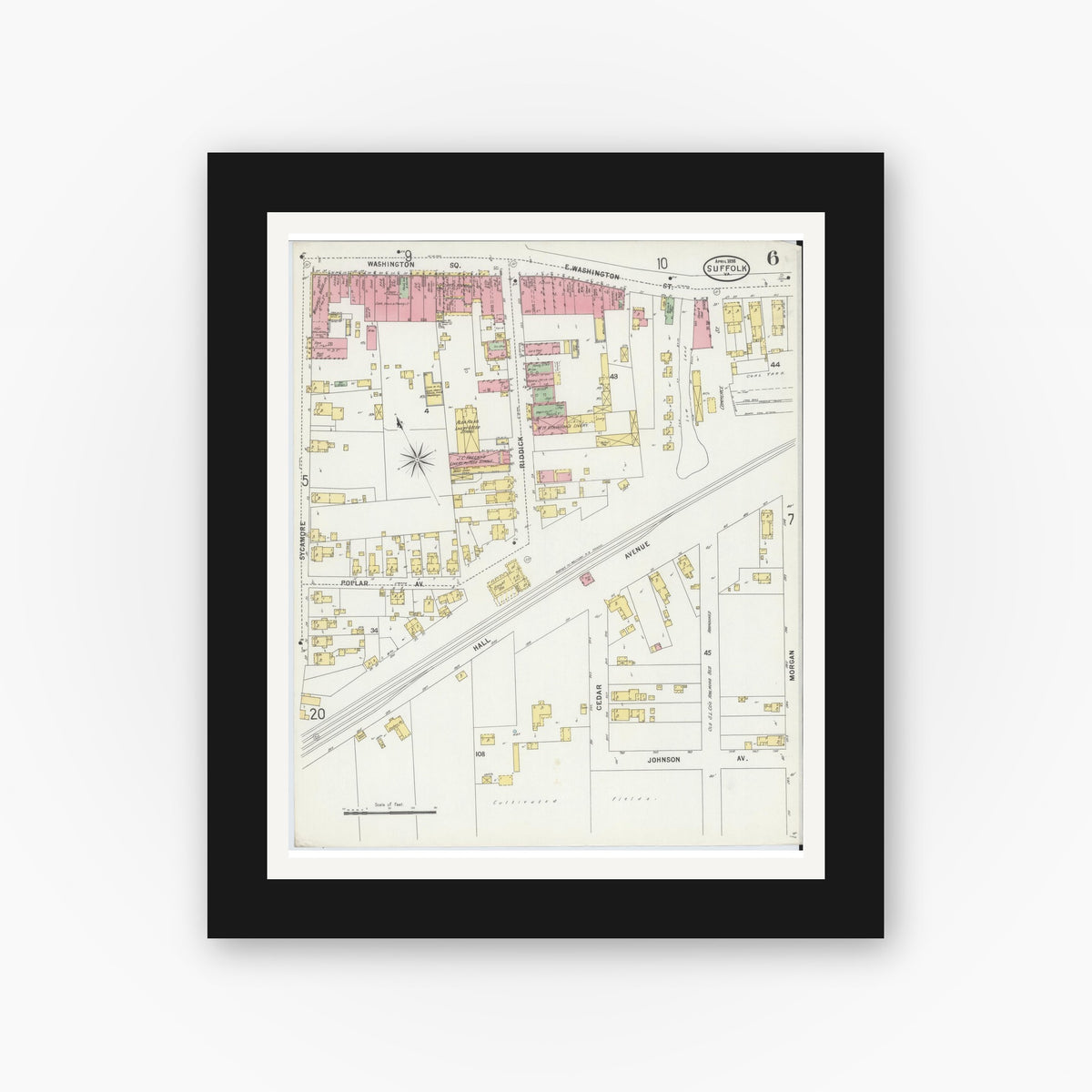 Old map wall art mockup — black gallery frame with white mat — Sanborn Fire Insurance Map from Suffolk, Independent Cities, Virginia (1898), Sheet #0006