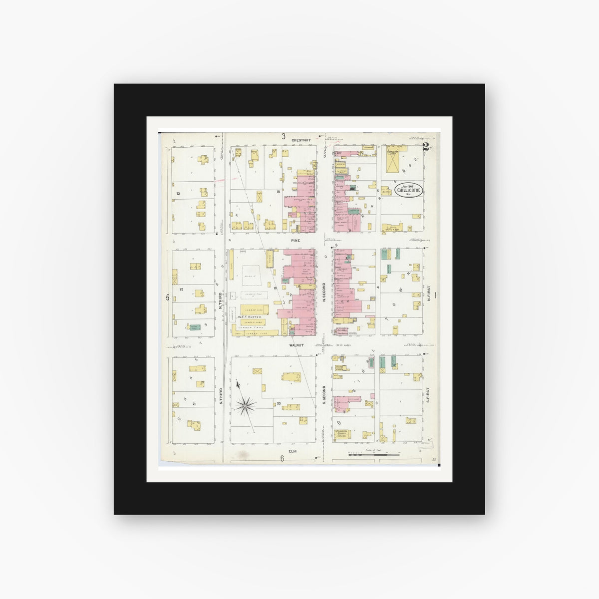 Old map wall art mockup — black gallery frame with white mat — Sanborn Fire Insurance Map from Chillicothe, Peoria County, Illinois (1907), Sheet #0002