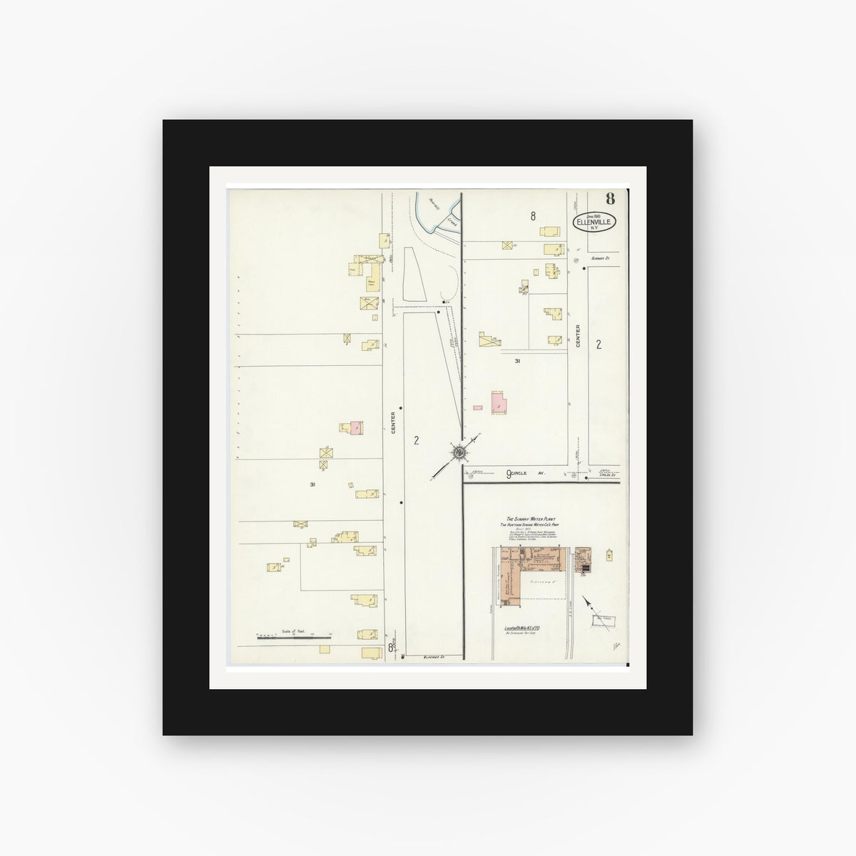 Old map wall art mockup — black gallery frame with white mat — Sanborn Fire Insurance Map from Ellenville, Ulster County, New York (1910), Sheet #0008