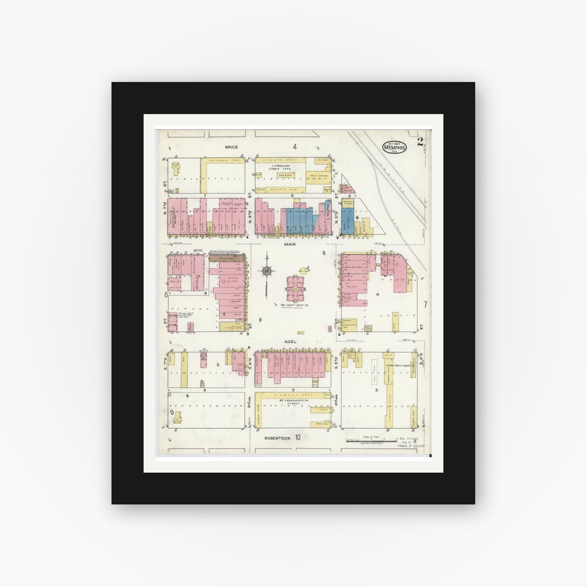 Old map wall art mockup — black gallery frame with white mat — Sanborn Fire Insurance Map from Memphis, Hall County, Texas (1920), Sheet #0002