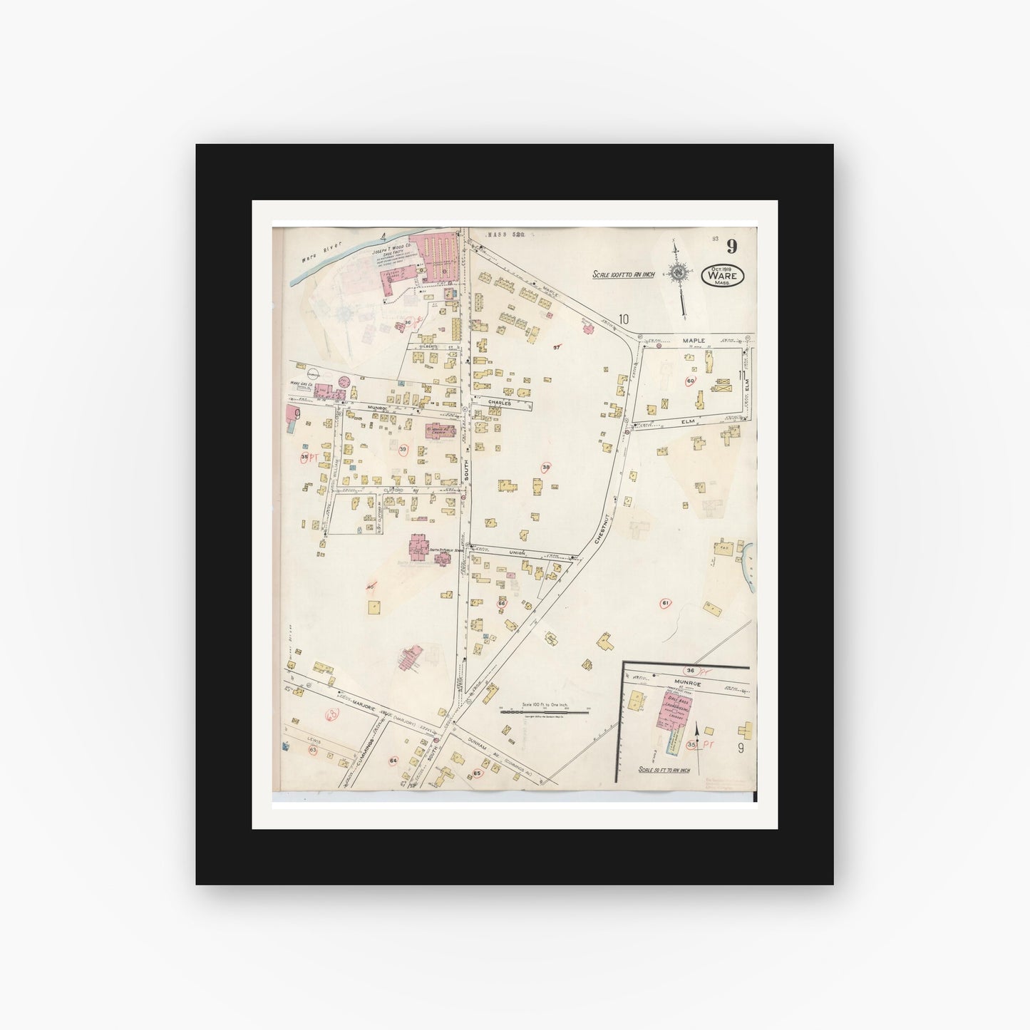 Old map wall art mockup — black gallery frame with white mat — Sanborn Fire Insurance Map from Ware, Hampshire County, Massachusetts (1946), Sheet #0009