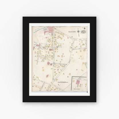 Old map wall art mockup — black gallery frame with white mat — Sanborn Fire Insurance Map from Ware, Hampshire County, Massachusetts (1946), Sheet #0009