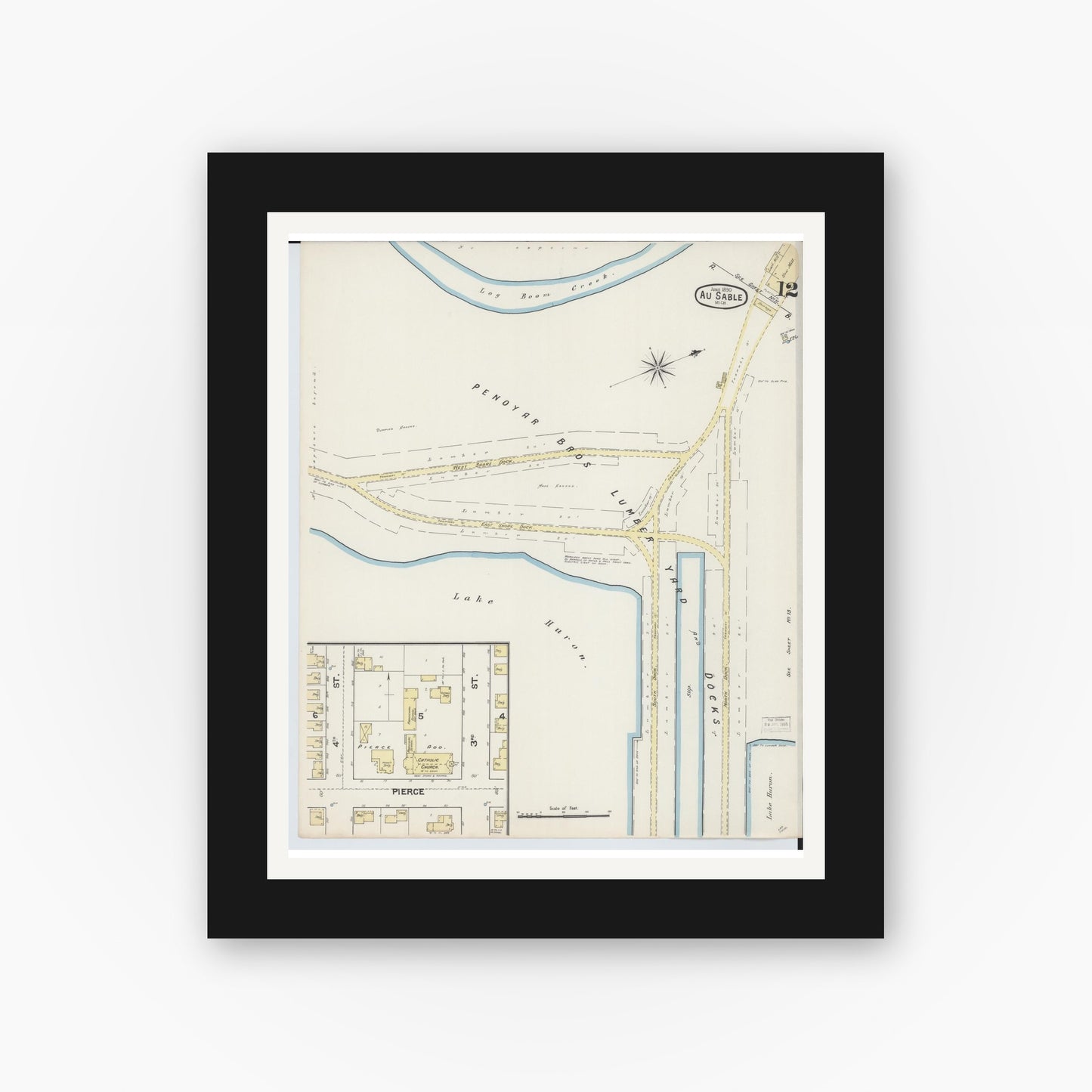 Old map wall art mockup — black gallery frame with white mat — Sanborn Fire Insurance Map from Oscoda, Iosco County, Michigan (1890), Sheet #0012