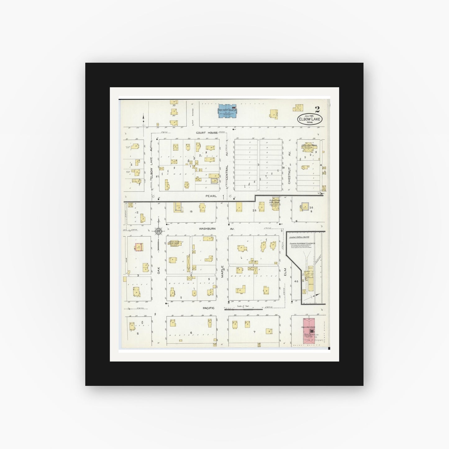 Old map wall art mockup — black gallery frame with white mat — Sanborn Fire Insurance Map from Elbow Lake, Grant County, Minnesota (1915), Sheet #0002