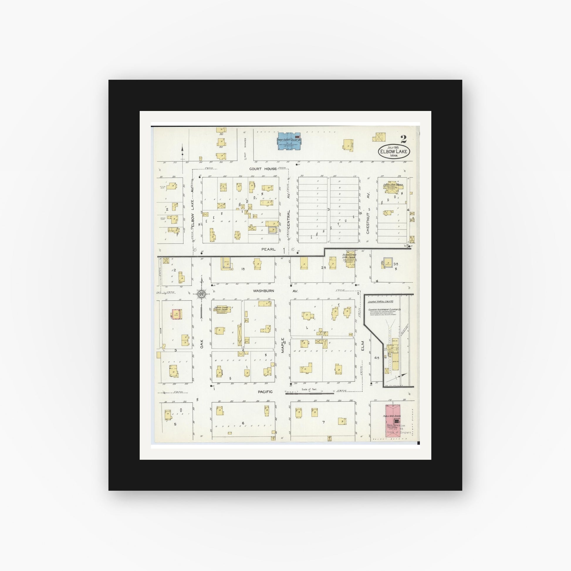 Old map wall art mockup — black gallery frame with white mat — Sanborn Fire Insurance Map from Elbow Lake, Grant County, Minnesota (1915), Sheet #0002