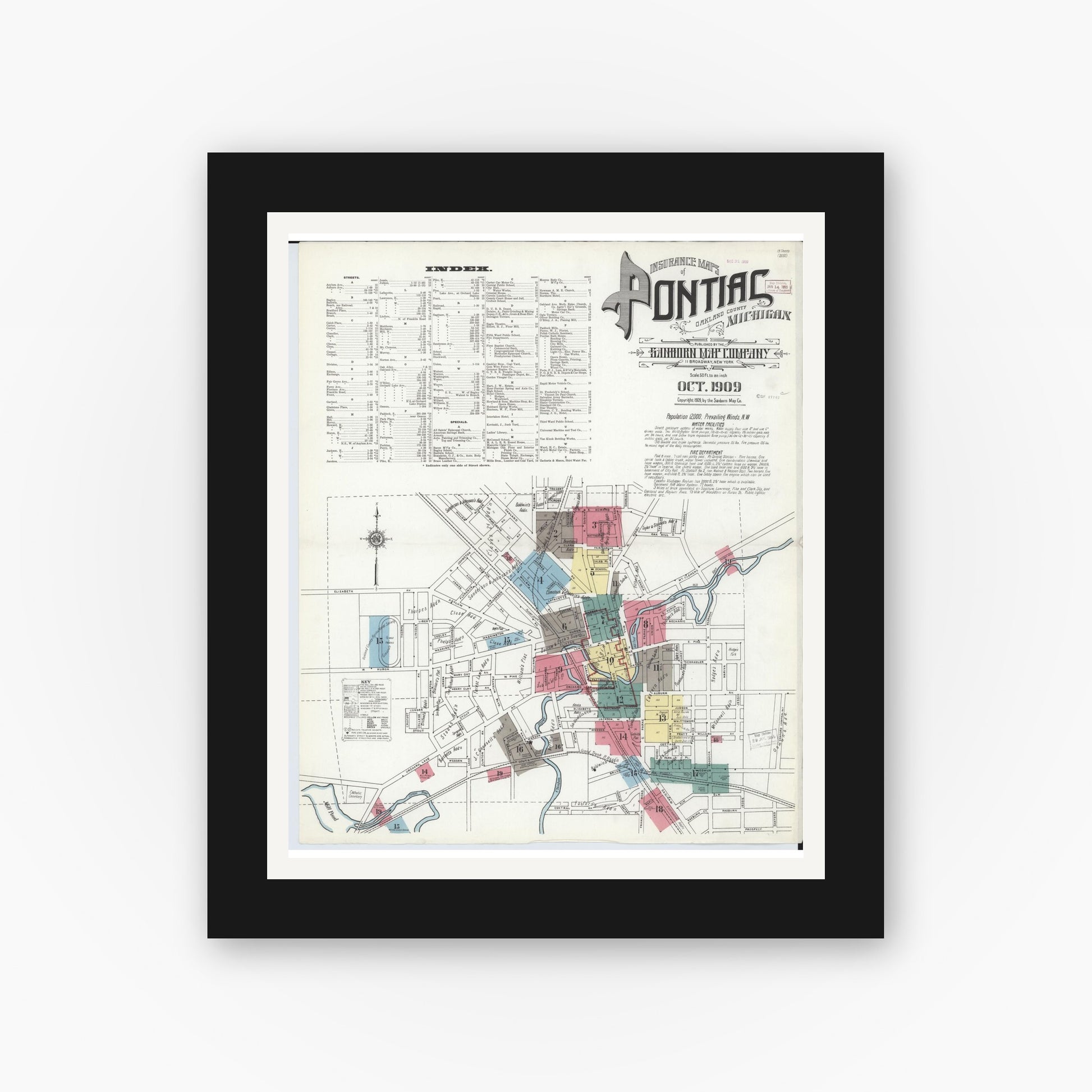 Old map wall art mockup — black gallery frame with white mat — Sanborn Fire Insurance Map from Pontiac, Oakland County, Michigan (1909) - Complete Map Set