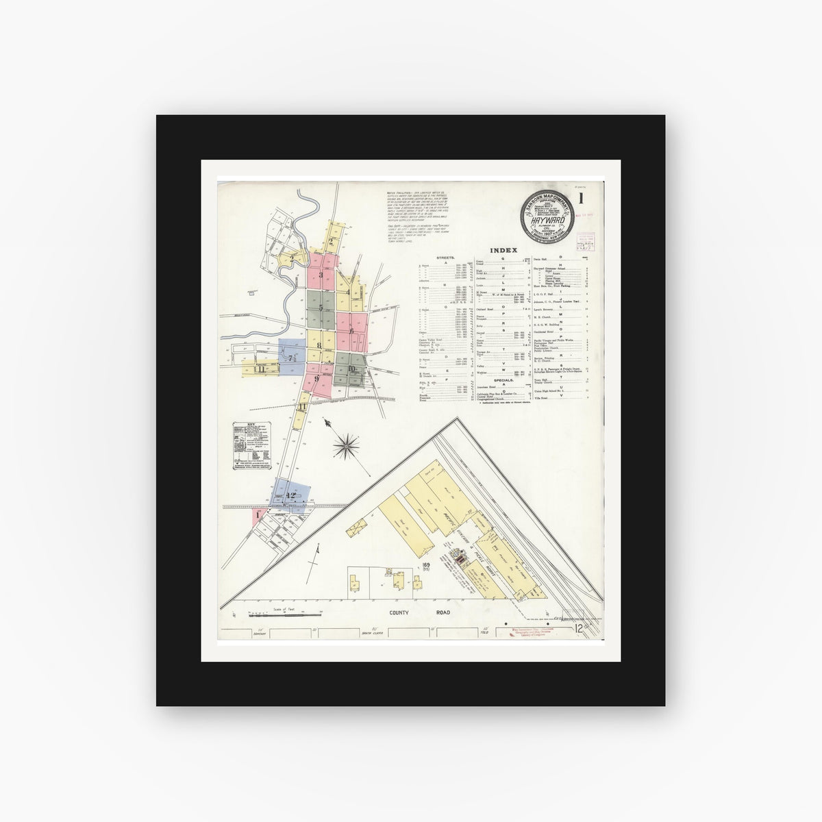 Old map wall art mockup — black gallery frame with white mat — Sanborn Fire Insurance Map from Hayward, Alameda County, California (1907) - Complete Map Set