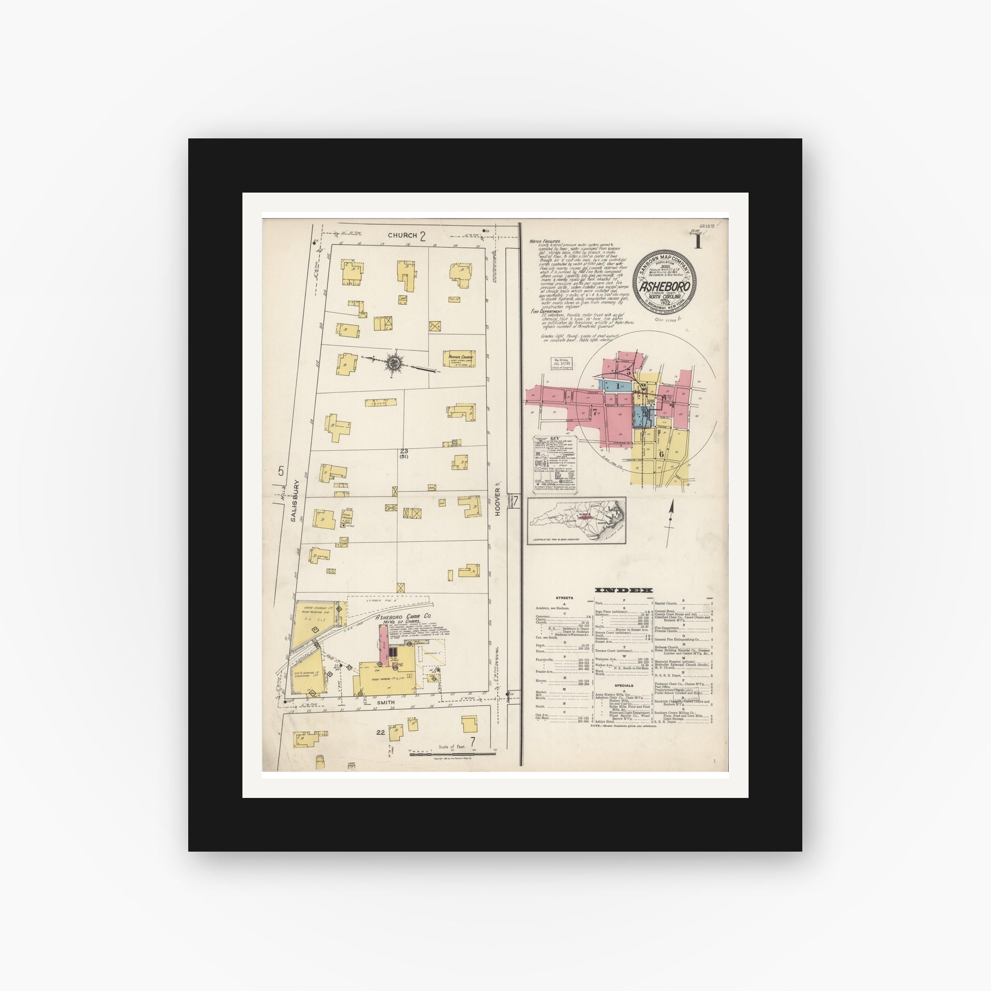 Old map wall art mockup — black gallery frame with white mat — Sanborn Fire Insurance Map from Asheboro, Randolph County, North Carolina (1922), Sheet #0001