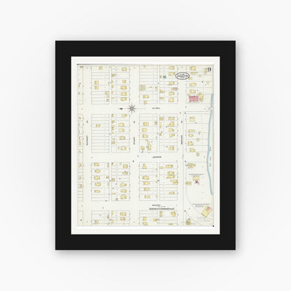 Old map wall art mockup — black gallery frame with white mat — Sanborn Fire Insurance Map from Crookston, Polk County, Minnesota (1906), Sheet #0009