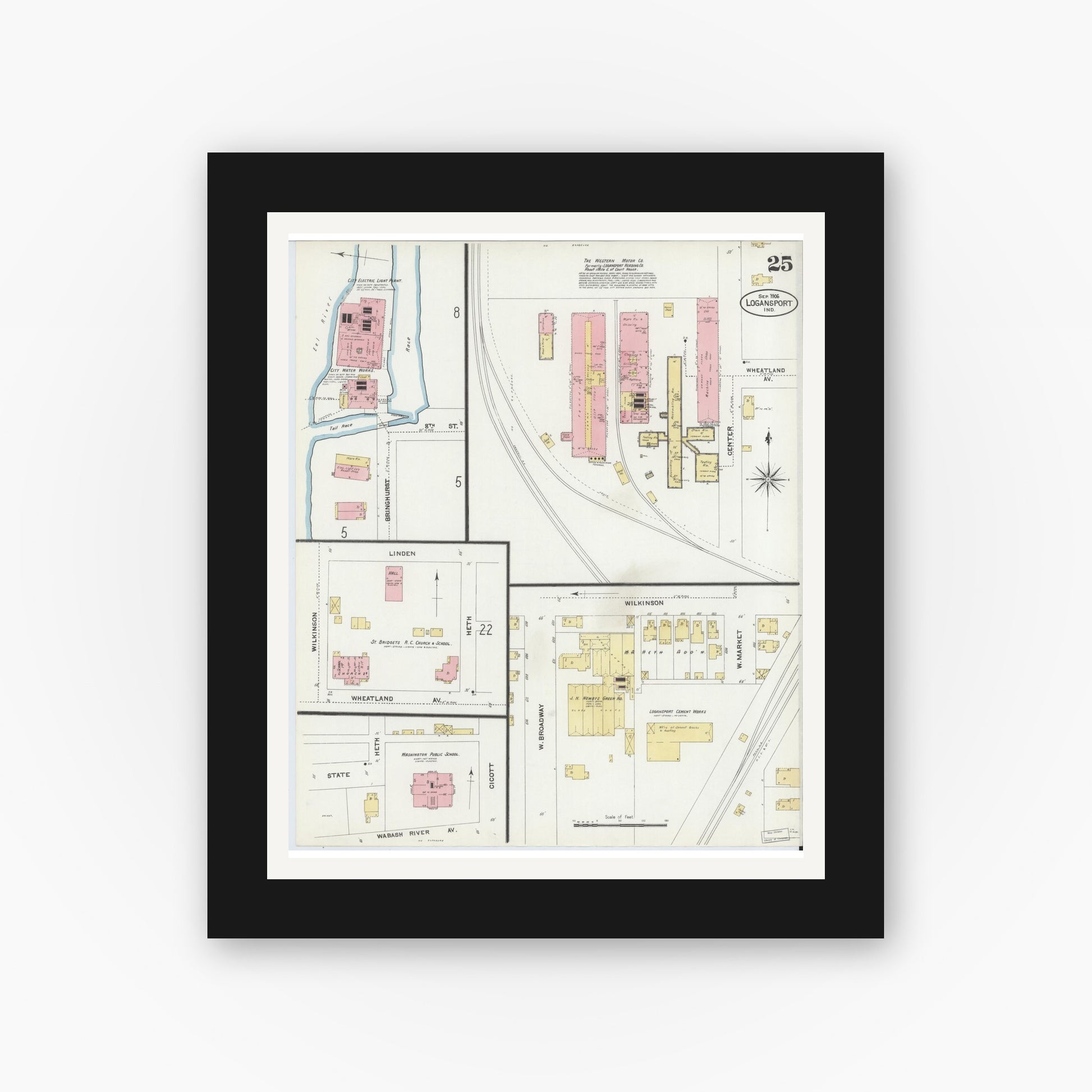 Old map wall art mockup — black gallery frame with white mat — Sanborn Fire Insurance Map from Logansport, Cass County, Indiana (1906), Sheet #0025