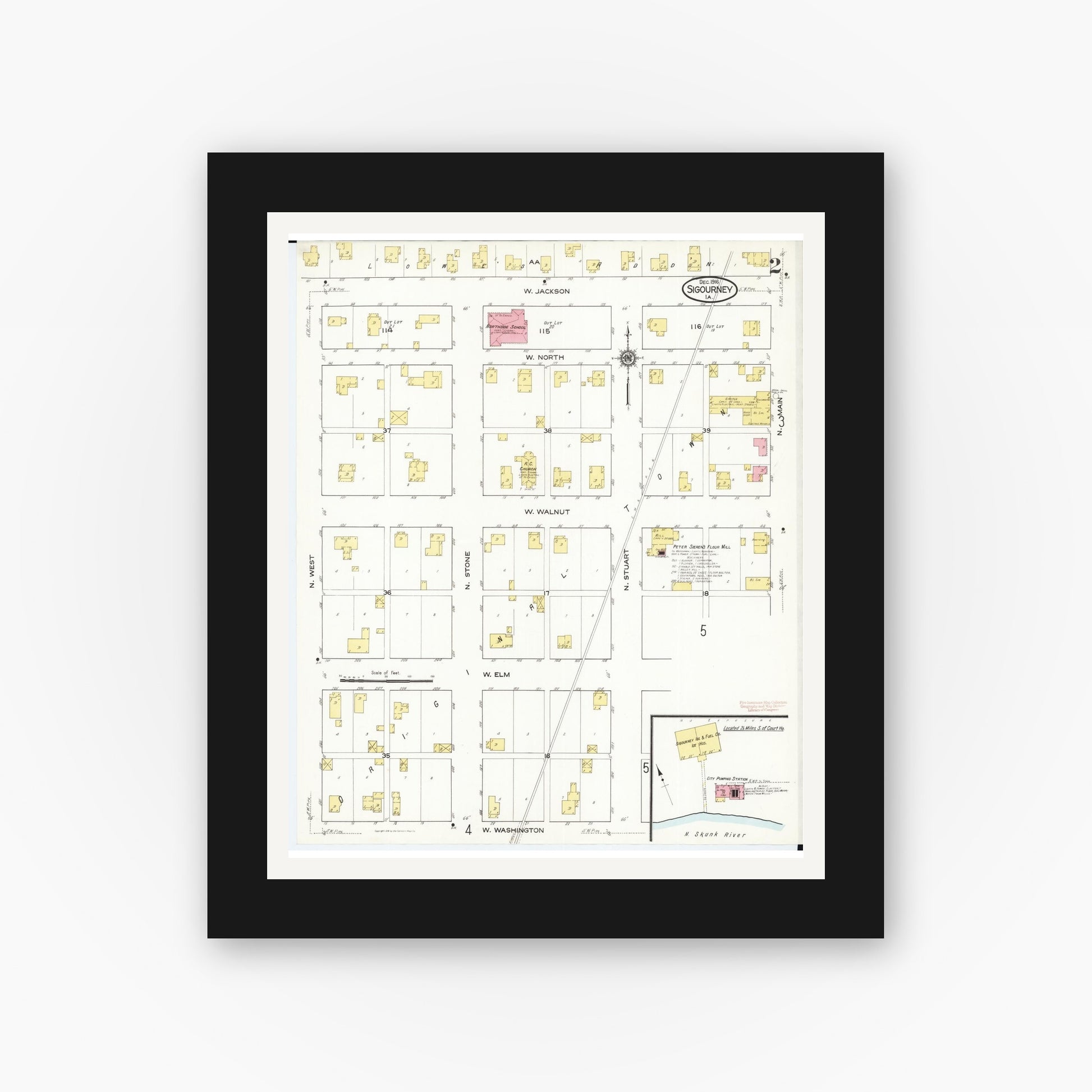 Old map wall art mockup — black gallery frame with white mat — Sanborn Fire Insurance Map from Sigourney, Kiokuk County, Iowa (1916), Sheet #0002