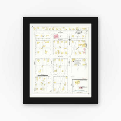 Old map wall art mockup — black gallery frame with white mat — Sanborn Fire Insurance Map from Sigourney, Kiokuk County, Iowa (1916), Sheet #0002