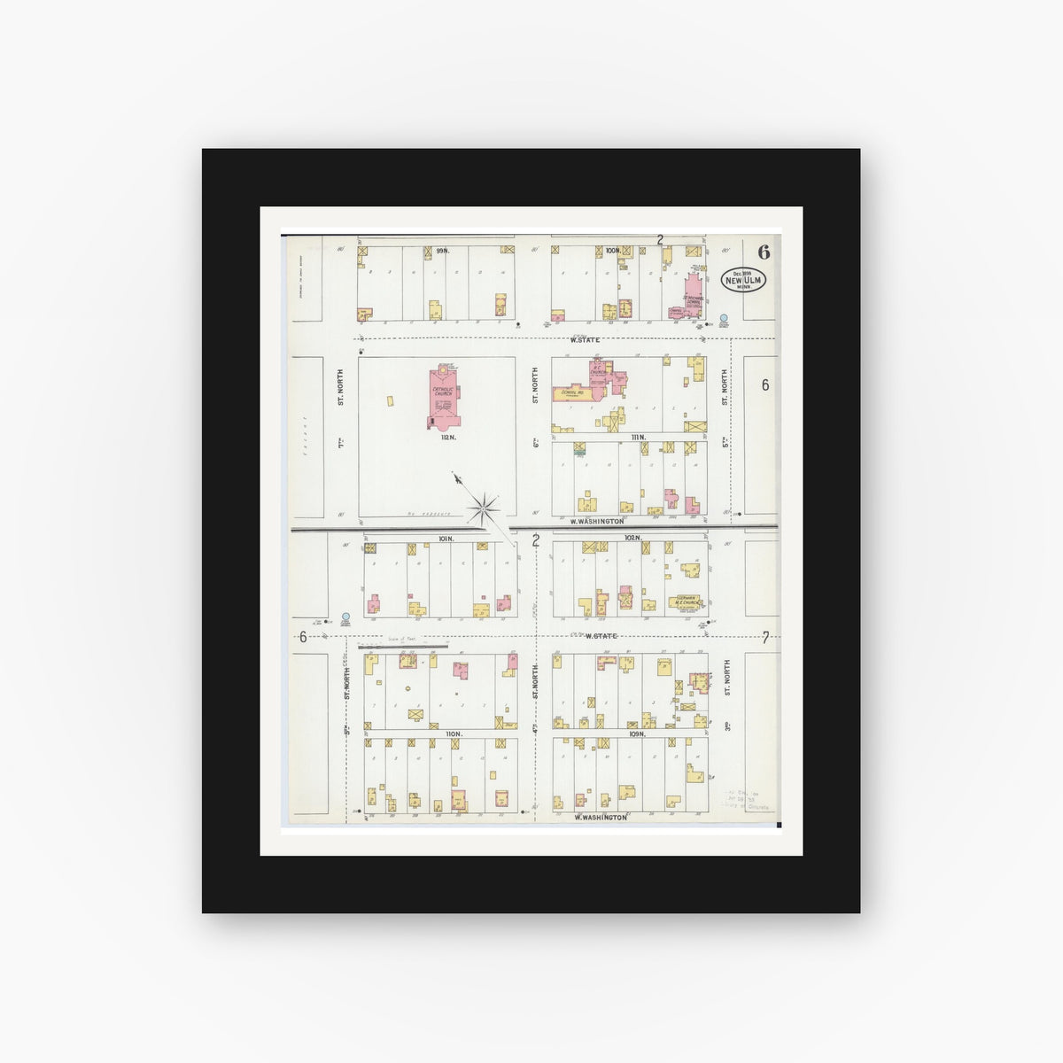 Old map wall art mockup — black gallery frame with white mat — Sanborn Fire Insurance Map from New Ulm, Brown County, Minnesota (1899), Sheet #0006