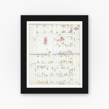 Old map wall art mockup — black gallery frame with white mat — Sanborn Fire Insurance Map from New Ulm, Brown County, Minnesota (1899), Sheet #0006
