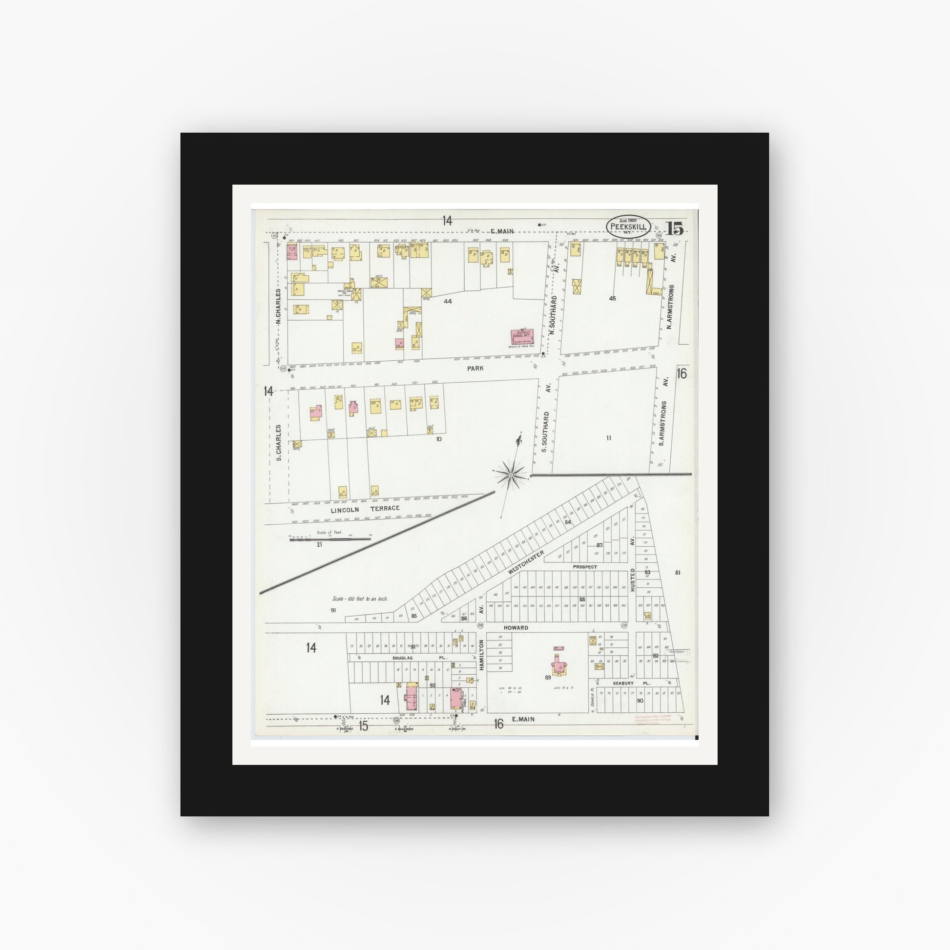 Old map wall art mockup — black gallery frame with white mat — Sanborn Fire Insurance Map from Peekskill, Westchester County, New York (1900), Sheet #0015